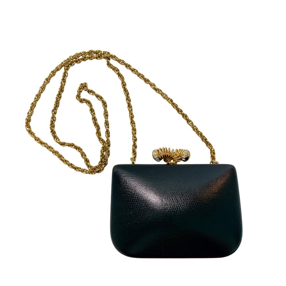 RODO Italy Vintage Black Lizard Skin Clutch Swarovski Crystal Minaudière Glam